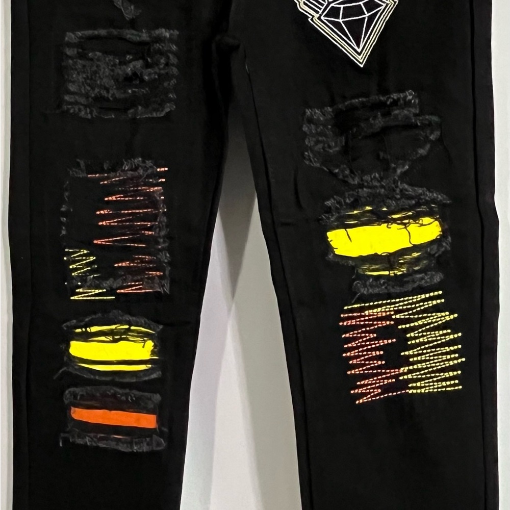 Jewel House Black and Yellow Distressed Straight Leg Jeans